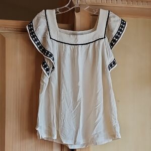 LOFT White Square-Neck Flutter Sleeve Blouse with Black Embroidery